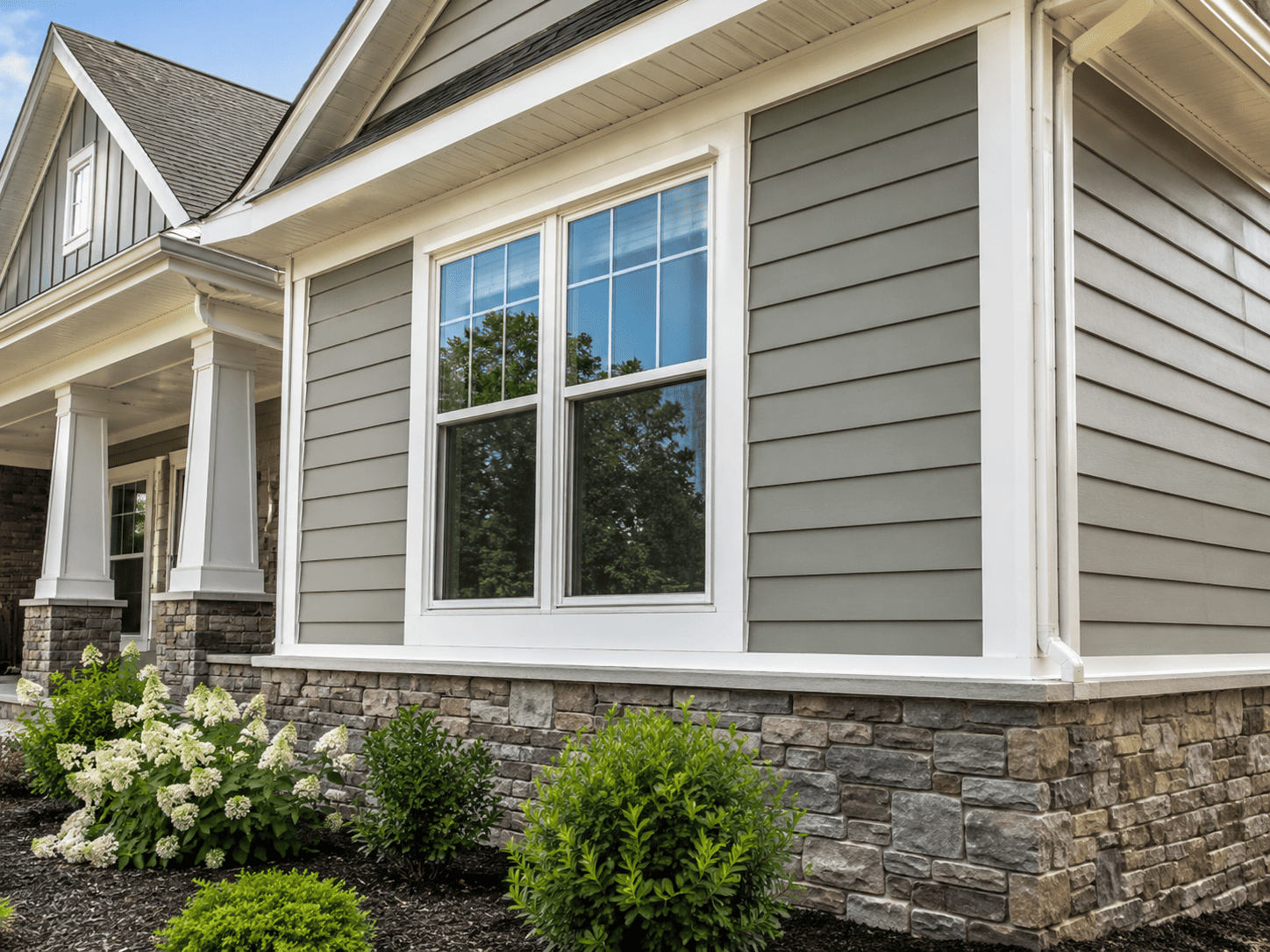 Close-up of beautiful siding and stone exterior on a Charlottesville home
